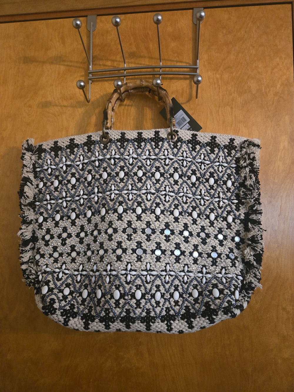 Woven Tote Bag with Bamboo Handles